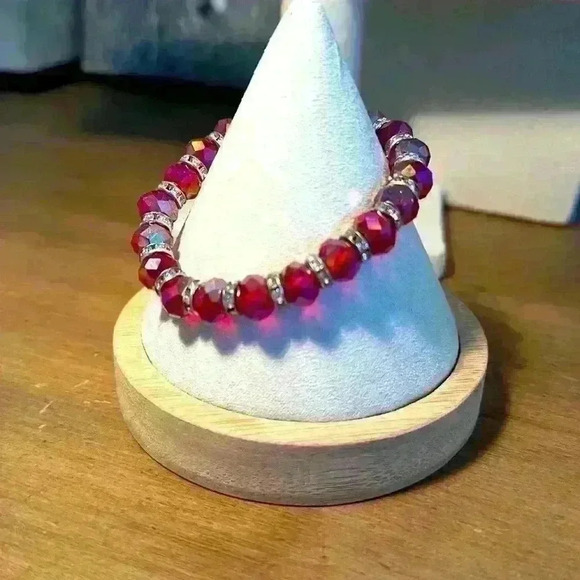 Vintage Stretch Red Glass Beads with Rhinestones - Picture 1 of 4